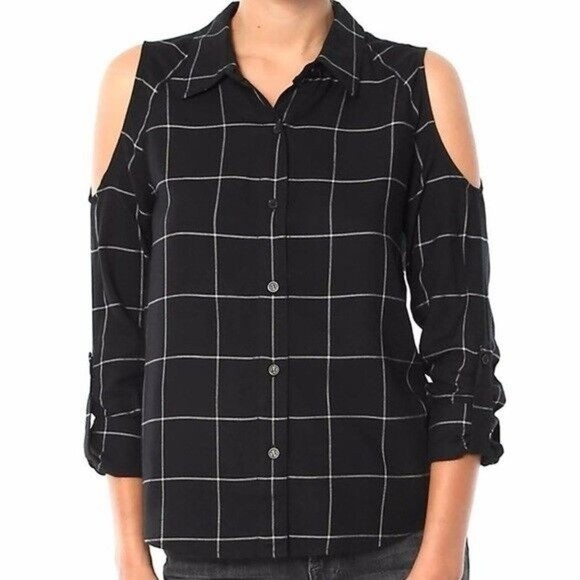 Generation Love Tops - REVOLVE Generation Love Black/White Plaid Cold Shoulder Top Roll Tab Sleeve  S